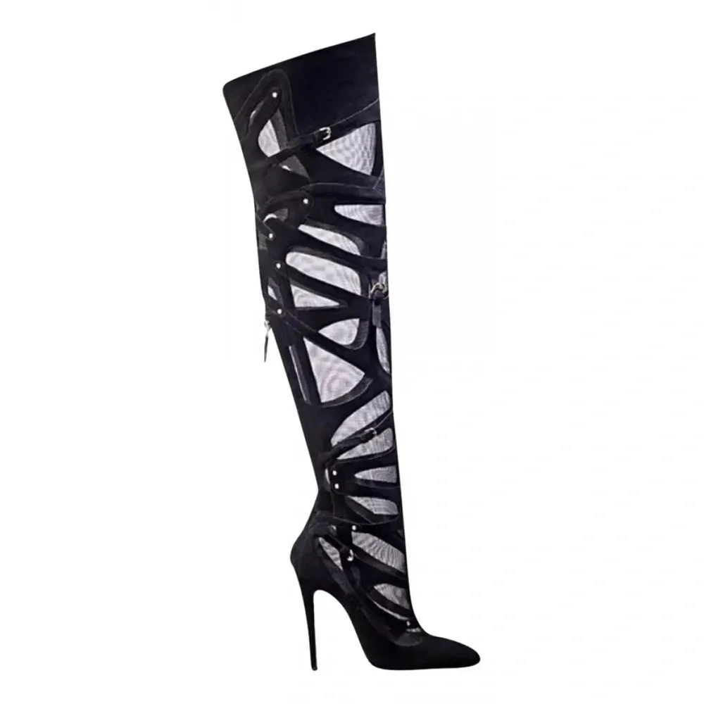 Brian Atwood black suede mesh thigh high over knee OTK boot zipper sz 38.5